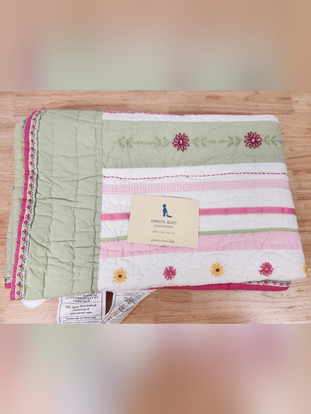 Pottery Barn Kids Ribbon Crib/ Toddler Quilt 50x36 NOS Pastel Colors Floral